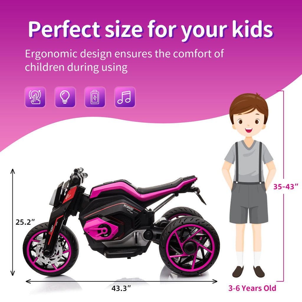Track 7 Kids Ride on Motorcycle, 12V Electric Trike Motorcycle for Boys Girls Age 3+, 3 Wheels Motorcycle, Music, Pink