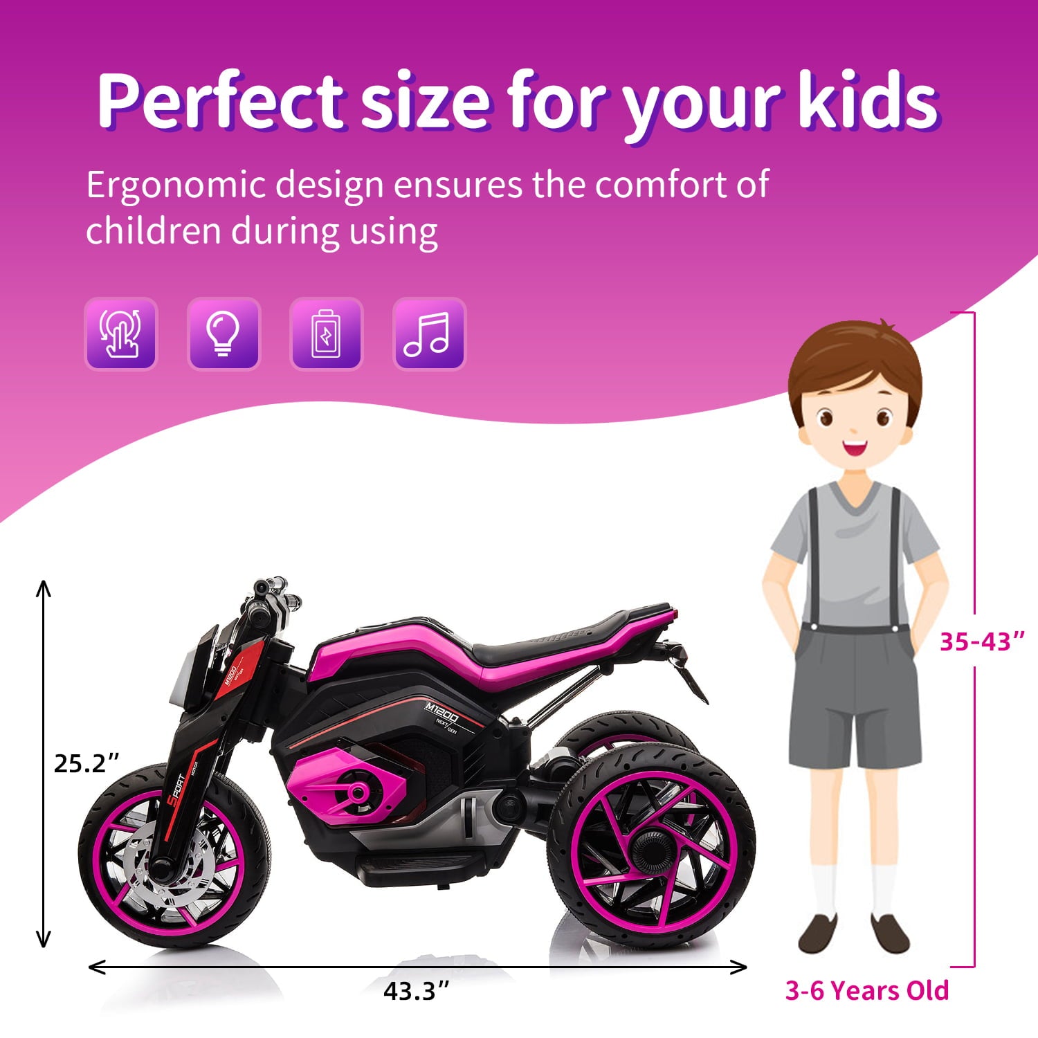 Track 7 Kids Ride on Motorcycle, 12V Electric Trike Motorcycle for Boys Girls Age 3+, 3 Wheels Motorcycle, Music, Pink
