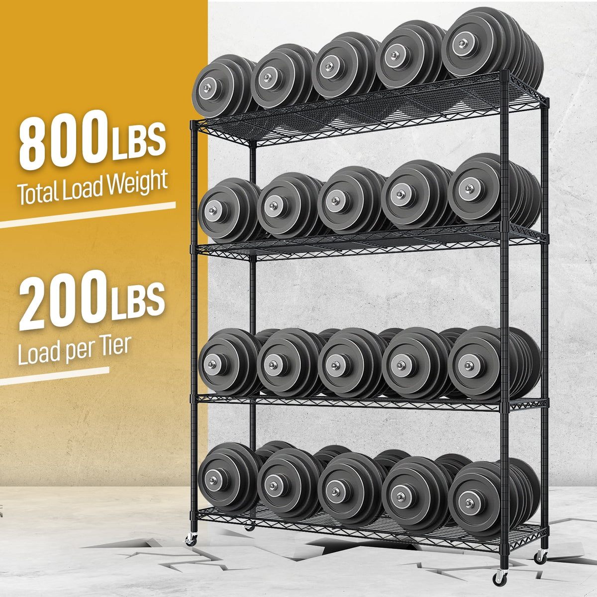 COOKCOK 4-Tier Heavy Duty Wire Shelving Unit with Wheels 46"W x 18"D x 65"H, Adjustable Garage Storage 800LBS, Black