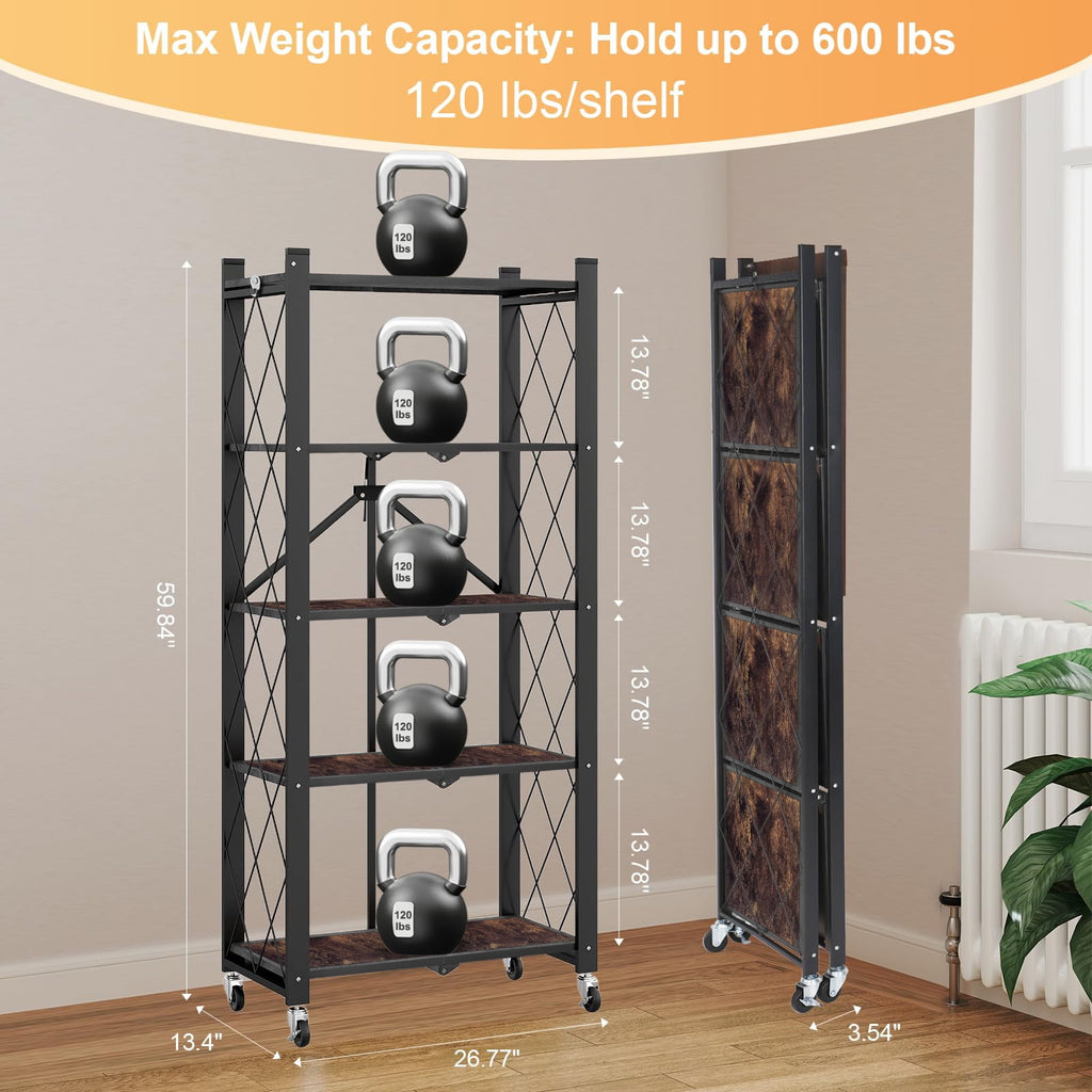 COOKCOK 5-Tier Storage Shelving Unit, Folding Bookshelf, Metal Shelf 27.9"x13.4"x62.5, Foldable Storage Shelf with Wheels, Garage Shelf, Kitchen Shelf, No Assemble Require, Black