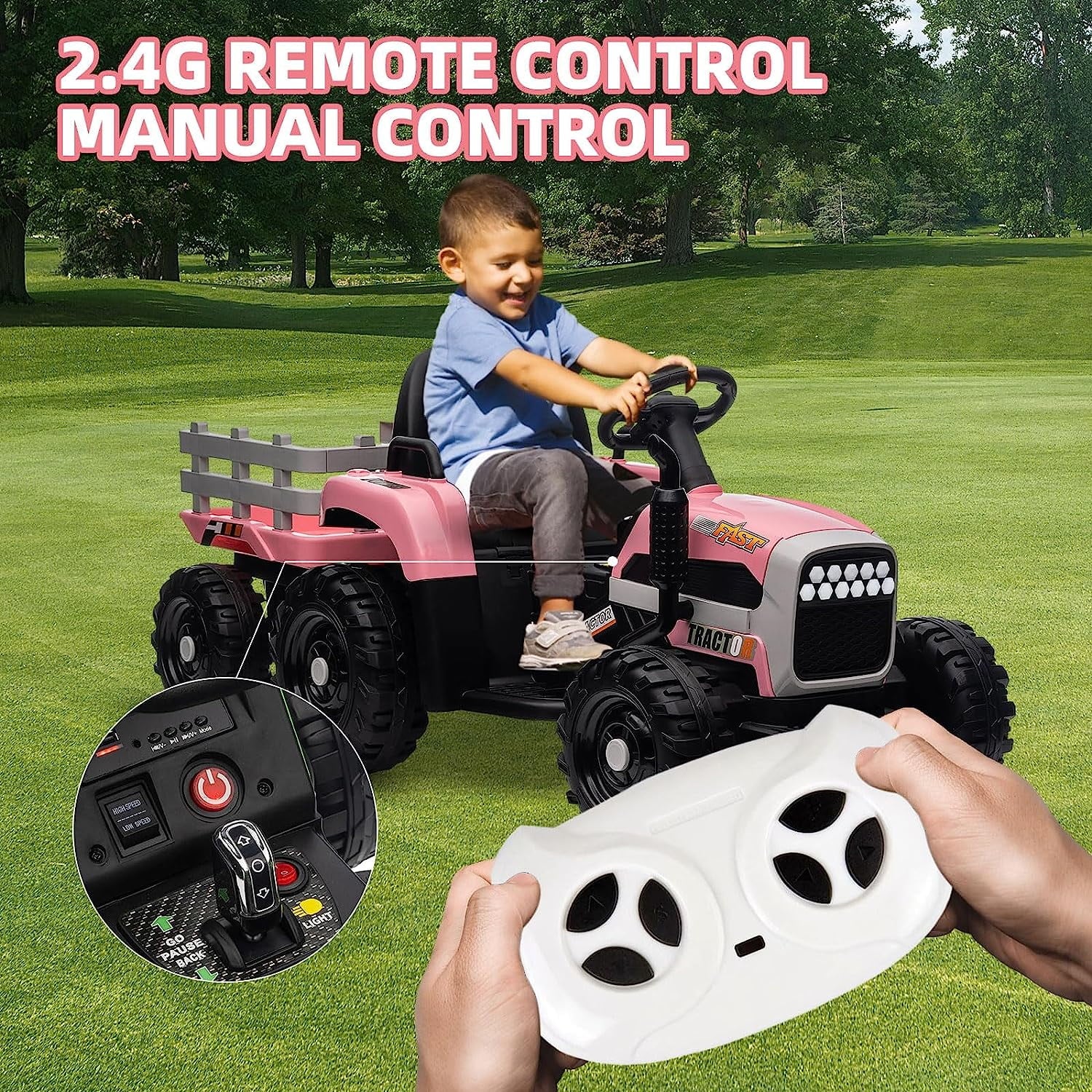 Track 7 12V Ride on Tractor with Trailer, Kids Electric Car with Remote Control, Bluetooth, MP3, LED Lights, 3-Gear-Shift Ground Loader, Ride on Car for Boys Girls, Pink