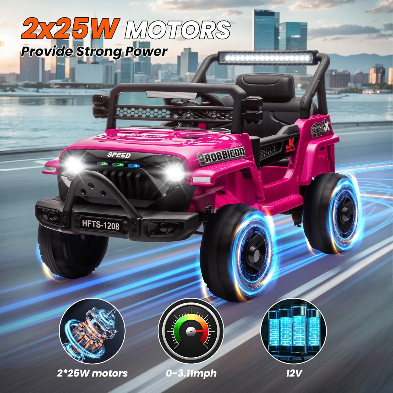 Track 7 Kids Ride on Truck, 12V Electric Truck Car with Remote Control, USB, Bluetooth, Microphone Jack, LED Lights, Ride on Car for Boys Girls, PInk