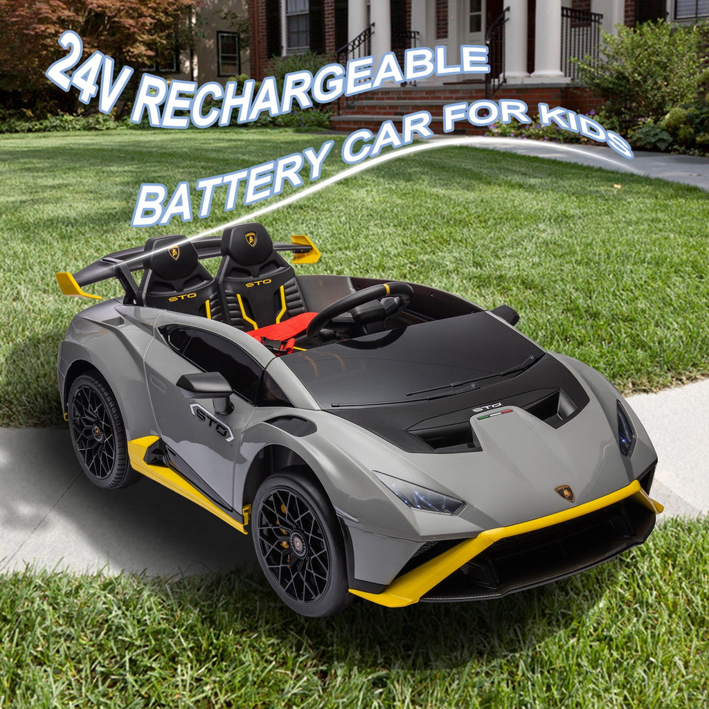 SUSIELADY 24V Kids Ride on Car, 2-Seater Licensed Lamborghini STO Drift Car, with Remote Control, Music, 360° Spin, Max Speed 6mph, for Kids Aged 3+