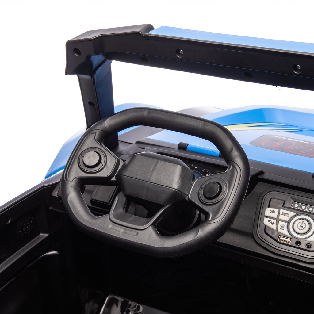 Track 7 24V Kids Ride On Car, 2-Seater Kids Ride On Police Car, 4-Wheel Suspension, with Megaphone, Walkie Talkie, Power Display, Bluetooth, Music, LED Lights for Kids Age 3+, Blue