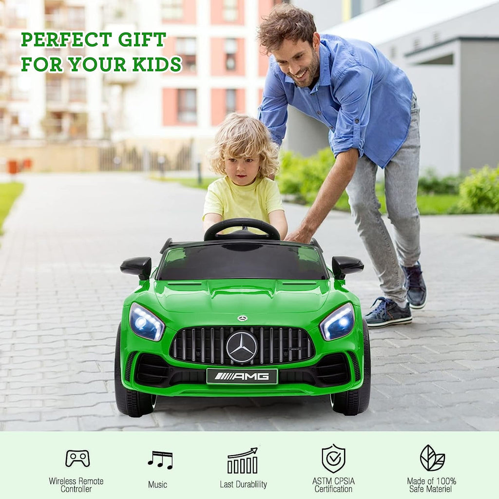 Track 7 Ride on Car with Remote Control, 12V Licensed Benz Electric Car for Kids Age 3+, AUX/FM/USB, Kids Ride on Toy Car, Green