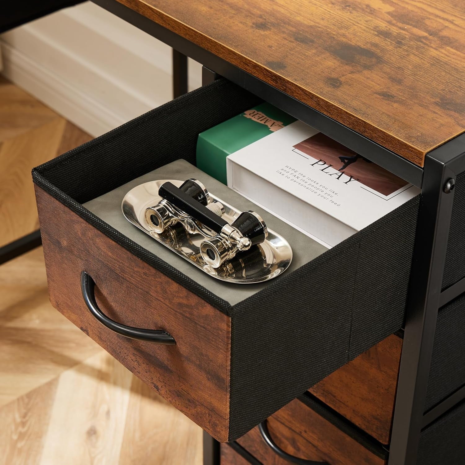 COOKCOK Computer Desk with Fabric Drawers Office Small Desk 36" Wide Desk with Headphone Hooks & Storage Bag for Student Kids Reading Table for Small Spaces, Brown