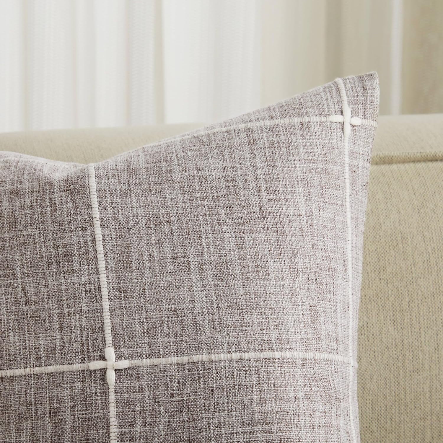 COOKCOK 2 Packs Grid Embroidery Throw Pillow Covers, 18x18 Inch Taupe, Farmhouse Cotton Linen Decorative Light Brown Cushion Covers for Sofa Bed Living Room Home Decor