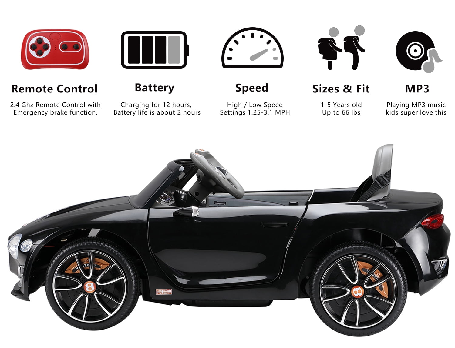 LISUEYNE Official Licensed Bentley Ride on Car, 12V Electric Car for Boys Girls Age 3+, Ride on Car w/Remote Control, Music, Black