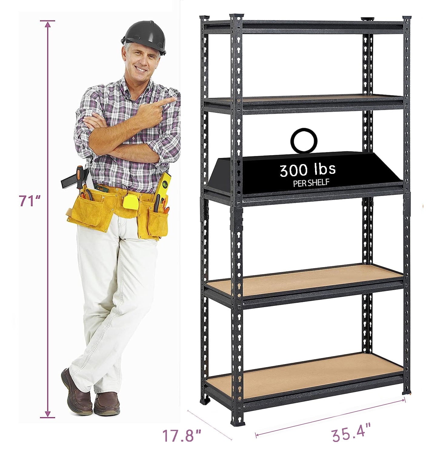 COOKCOK 5-Tier Storage Shelving Unit, 35.43"x 17.7"x 70.8" Metal Shelf, Height Adjustable, Heavy Duty Garage Shelves Metal Organizer Utility Rack, 1250lbs Capacity, Black