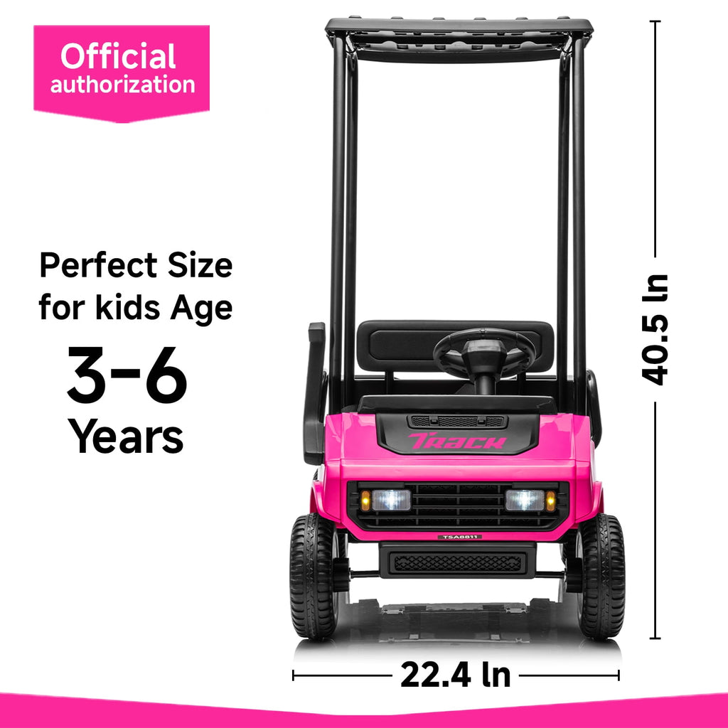 Track 7 24V Ride on Car, Electric Golf Cart with Ceiling, Ride on Truck with Remote Control, Music, Rear Storage Box, Electric Car for Boys Girls Age 3+, 18.5" Large Seat with Armrests, Pink