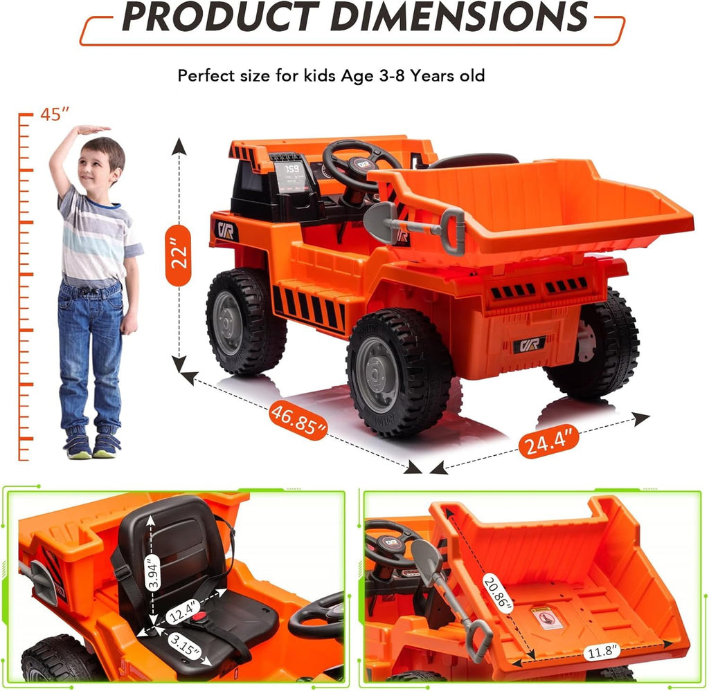 SUSIELADY 12V Kids Ride on Car, Ride On Truck with Dump Bed, Shovel, Phone stand, Ride on Construction Vehicle with Remote Control, Music, USB, Story