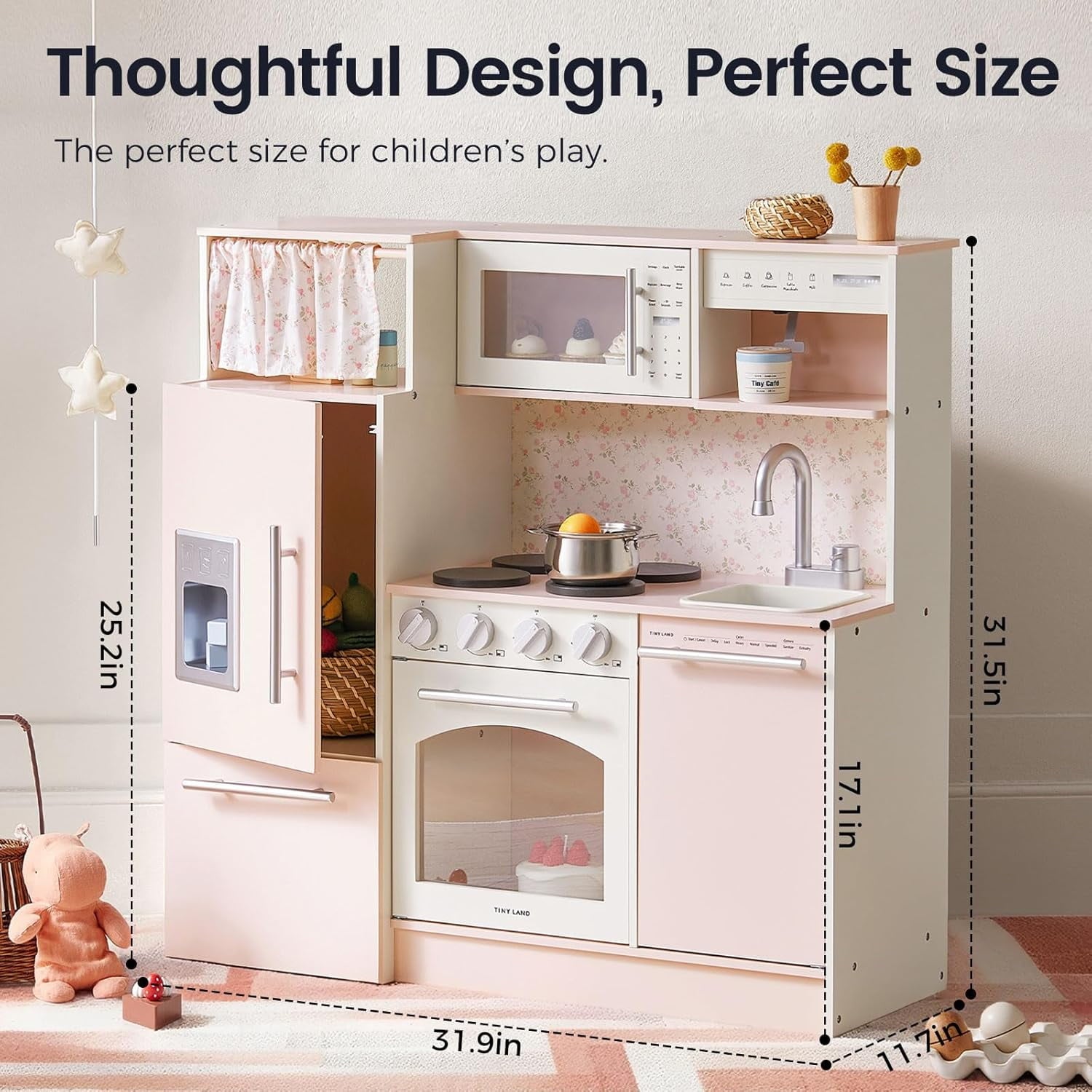Track Seven Play Kitchen for Kids, Upgraded Wooden Kitchen Toy with Complete Play Areas, Pretend Cooking Set with Sink, Stove, Microwave, Toy Coffee Station & Storage for Kids Ages 3+, Pink
