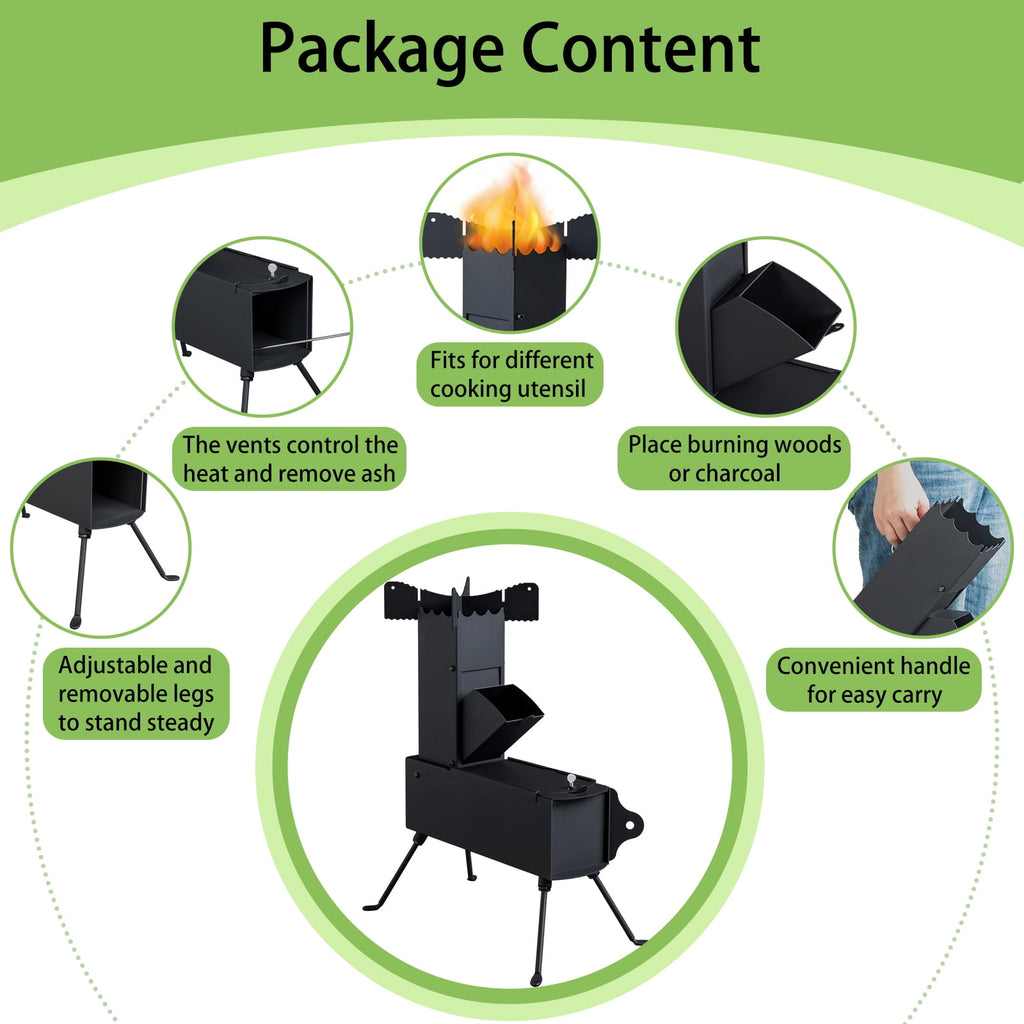 COOKCOK Camping rocket stove, Foldable, 9.44"D x 17"W x 21.3"H, Alloy Steel, Black