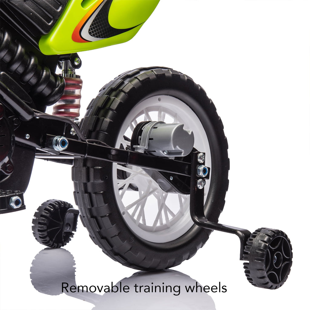 Track Seven 12V Electric Ride On Motorcycle, Kids Motorcycle with Removable Training Wheels, Twist Grip Throttle, Rear Suspension, Music, Electric Dirt Bike for Boys Girls Age 3+, Green