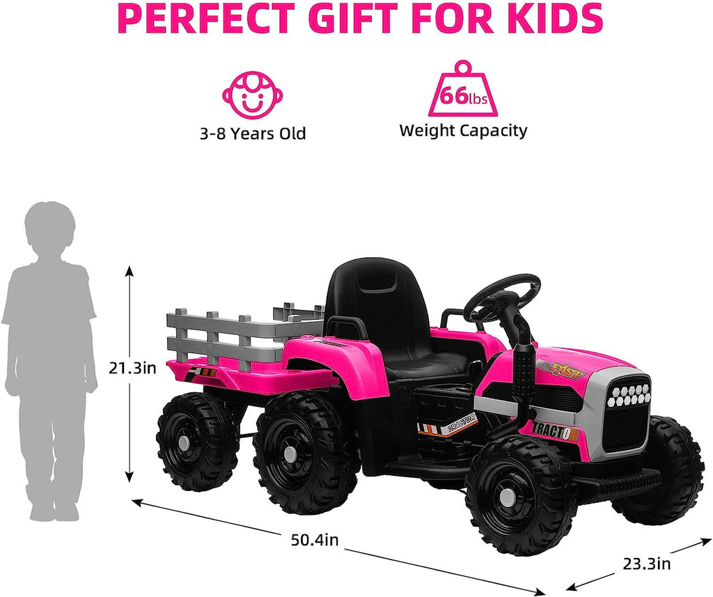 Track 7 12V Ride on Tractor with Trailer, Kids Electric Car with Remote Control, Bluetooth, MP3, LED Lights, 3-Gear-Shift Ground Loader, Ride on Car for Boys Girls, Rose Red