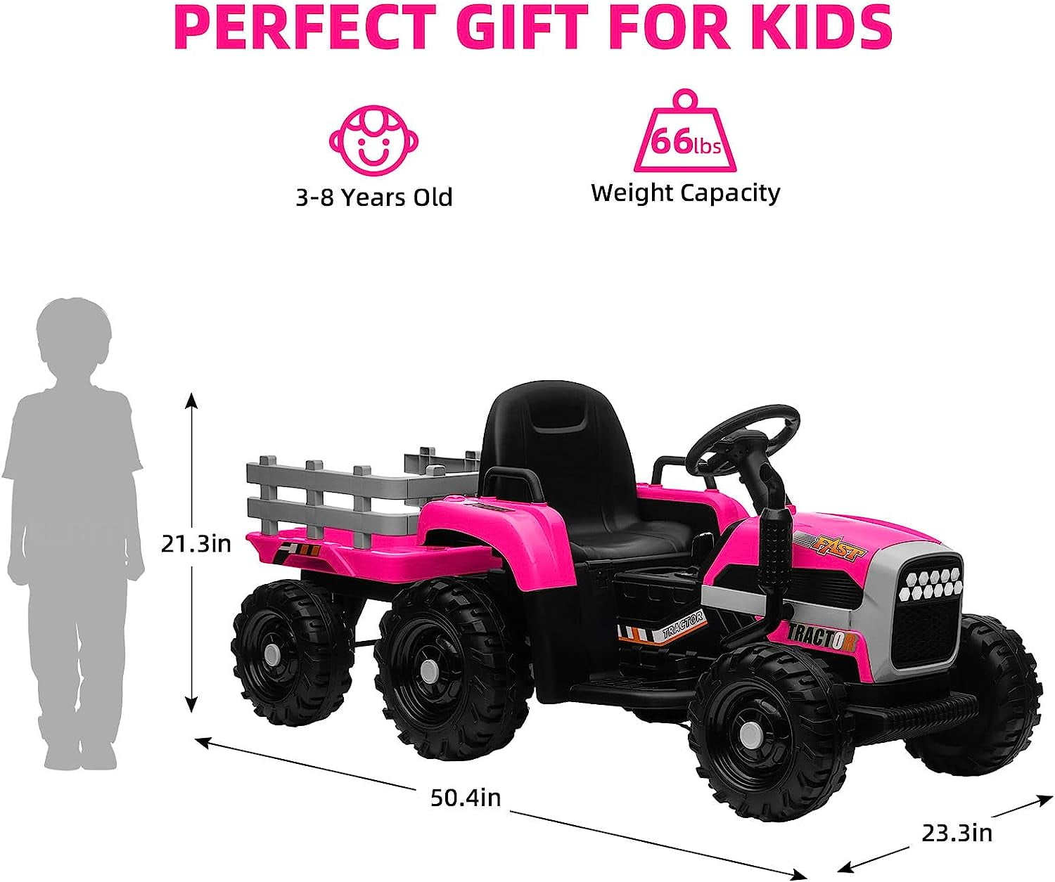 Track 7 12V Ride on Tractor with Trailer, Kids Electric Car with Remote Control, Bluetooth, MP3, LED Lights, 3-Gear-Shift Ground Loader, Ride on Car for Boys Girls, Rose Red