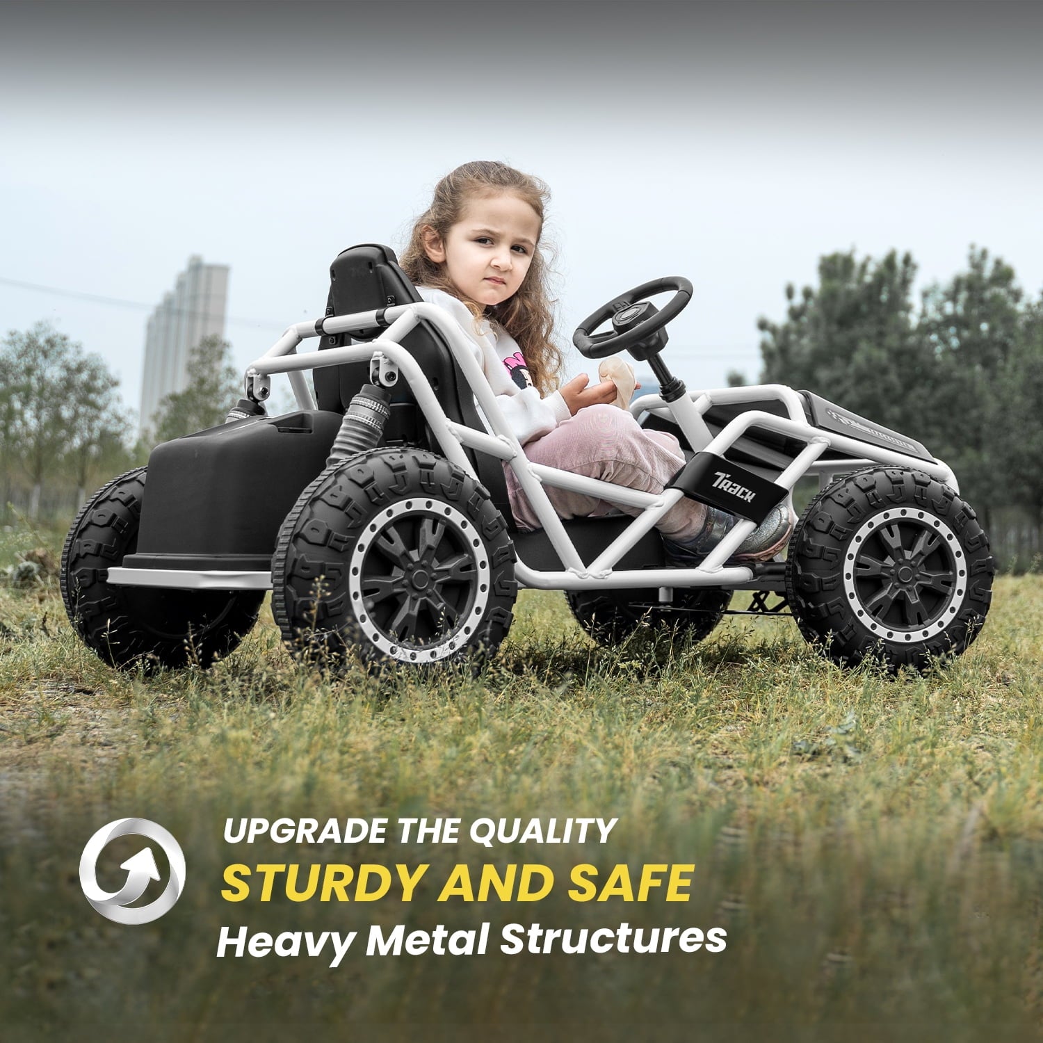 Track 7 24V Electric Go Kart, Racing Go Kart, Independent Electronic Brake Foot Pedal, Durable Full Steel Frame, 7 Mph Max Speed Electric Go Kart, 24V Outdoor Ride On Car for Kids Age 6+, Black