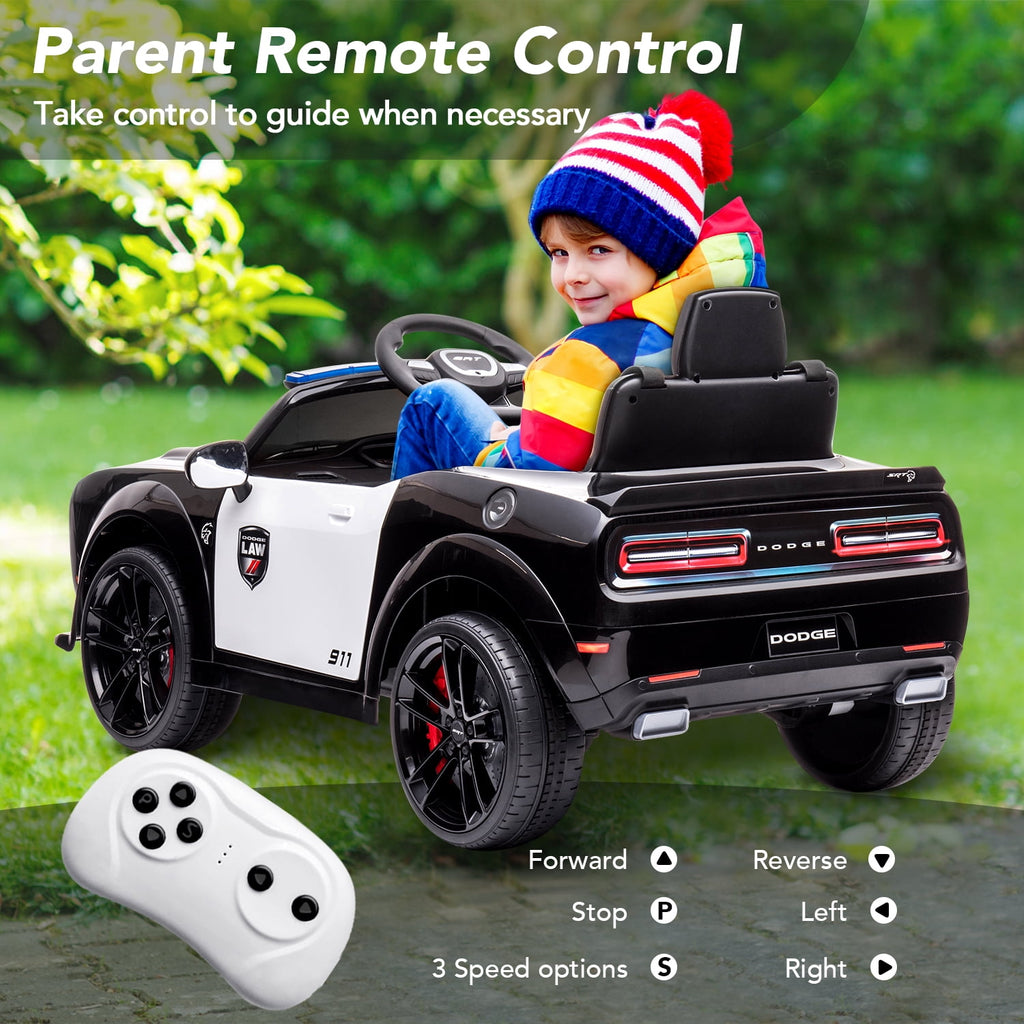 Track 7 Kids Ride on Police Car, Licensed Dodge Challenger SRT 12V Electric Car for Kids Age 3+, Remote Control, Music