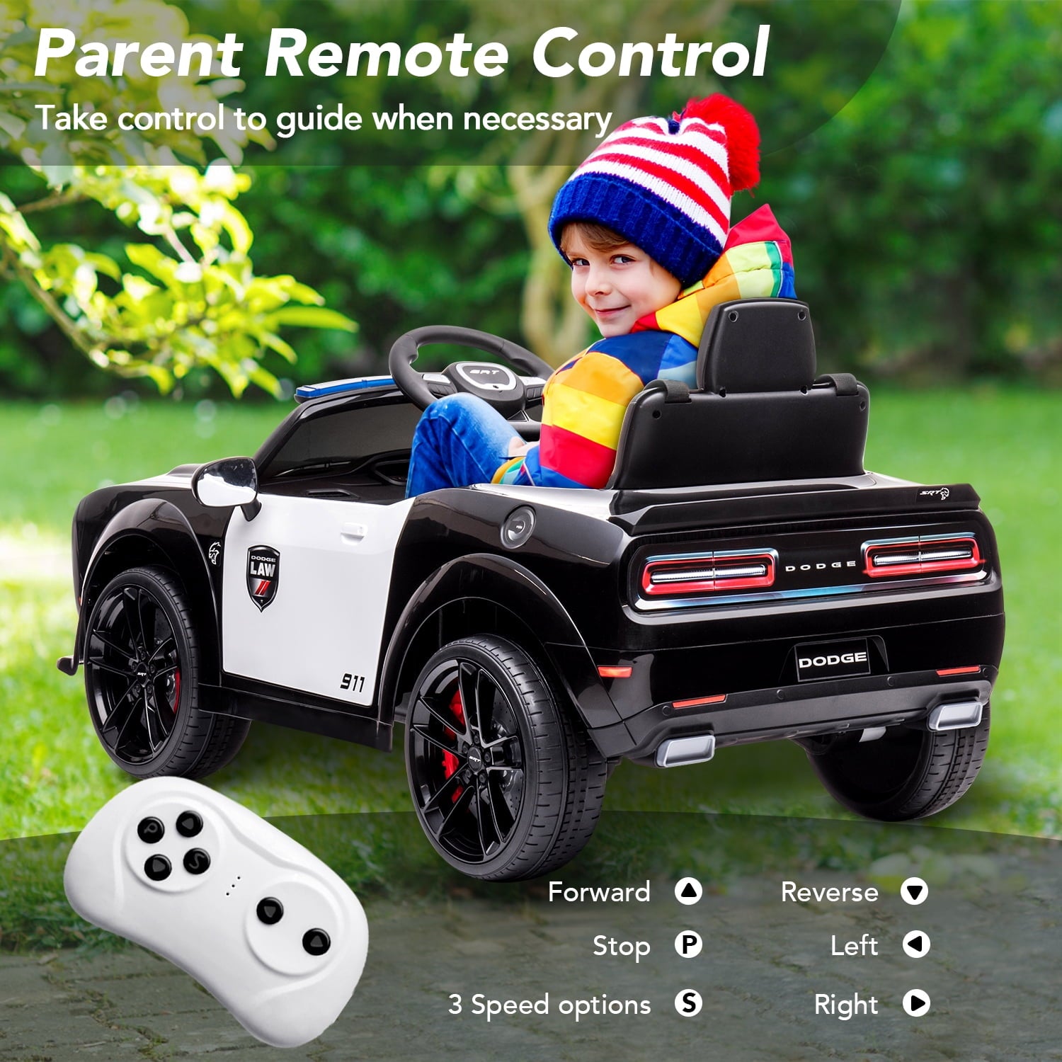 Track 7 Kids Ride on Police Car, Licensed Dodge Challenger SRT 12V Electric Car for Kids Age 3+, Remote Control, Music