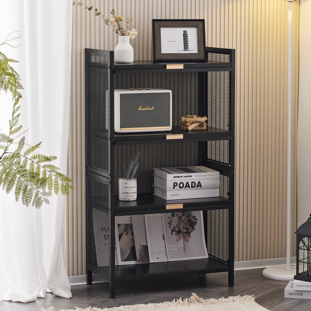 COOKCOK 4-Tier Storage Shelf, Kitchen Storage Cabinet with Flip-up PC Doors, Mobile Microwave Stand, Freestanding Kitchen Bakers Rack with 4 Rolling Casters, 23.62"x12.59"x42.91", Black