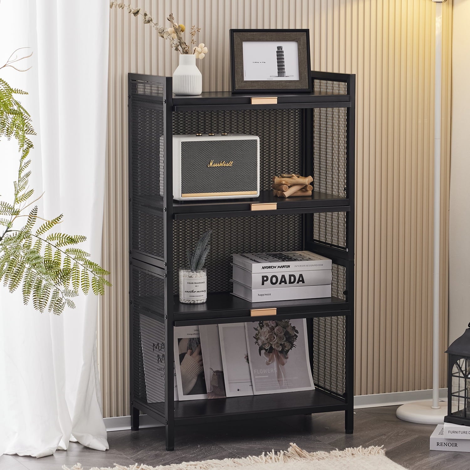 COOKCOK 4-Tier Storage Shelf, Kitchen Storage Cabinet with Flip-up PC Doors, Mobile Microwave Stand, Freestanding Kitchen Bakers Rack with 4 Rolling Casters, 23.62"x12.59"x42.91", Black