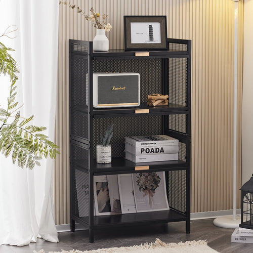 COOKCOK 4-Tier Storage Shelf, Kitchen Storage Cabinet with Flip-up PC Doors, Mobile Microwave Stand, Freestanding Kitchen Bakers Rack with 4 Rolling Casters, 23.62"x12.59"x42.91", Black