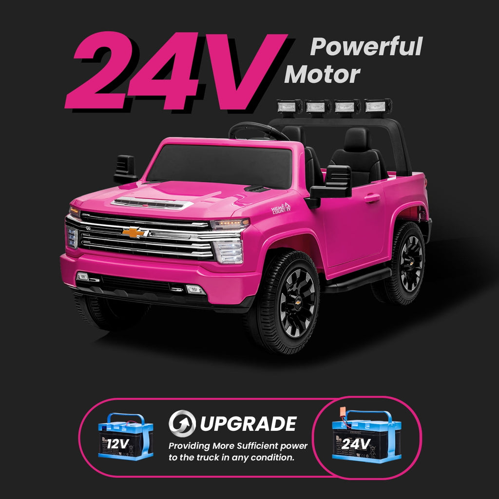 Track Seven 24V Ride on Car, Licensed Silverado HD 2 Seater Electric Car for Boys Girls Age 3+, 24V Ride on Truck w/Remote Control, Music, ABC, Pink