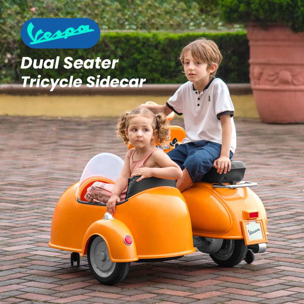 Track Seven 12V Licensed Vespa Ride on Motorcycle with Side Car, 2-Seater Electric Car for Kids Age 3+, Music, Max Speed 4.8mph, Orange