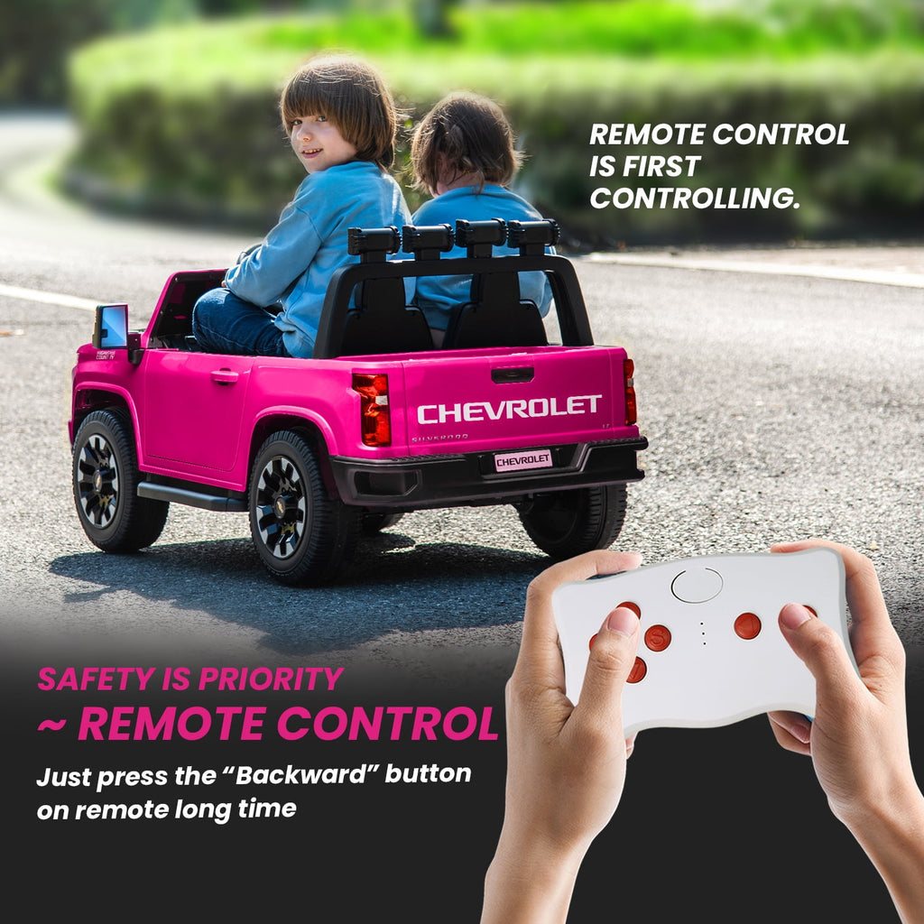 Track Seven 24V Ride on Car, Licensed Silverado HD 2 Seater Electric Car for Boys Girls Age 3+, 24V Ride on Truck w/Remote Control, Music, ABC, Pink