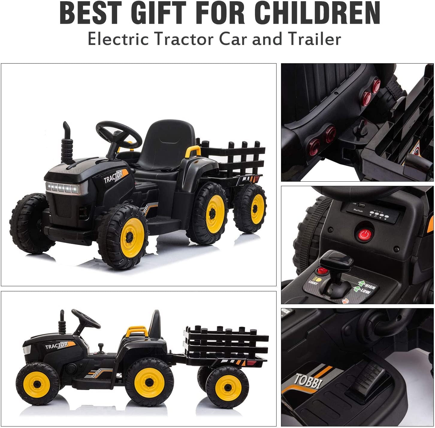 LISUEYNE 12V Ride on Tractor with Trailer,  Electric Car with Music, USB, LED Lights, Ride on Car for Kids Age 3-6 Years, Max Speed 5mph, Black