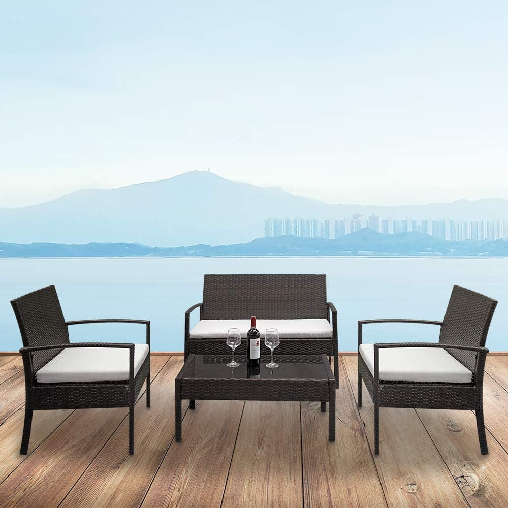 COOKCOK Patio Furniture Sets of 4, PE Rattan Conversation Furniture Set w/2pcs Arm Chairs 1pc Love Seat & Tempered Glass Coffee Table, Rattan Sofa Conversation Sets for Garden, Patio, Poolside, Brown
