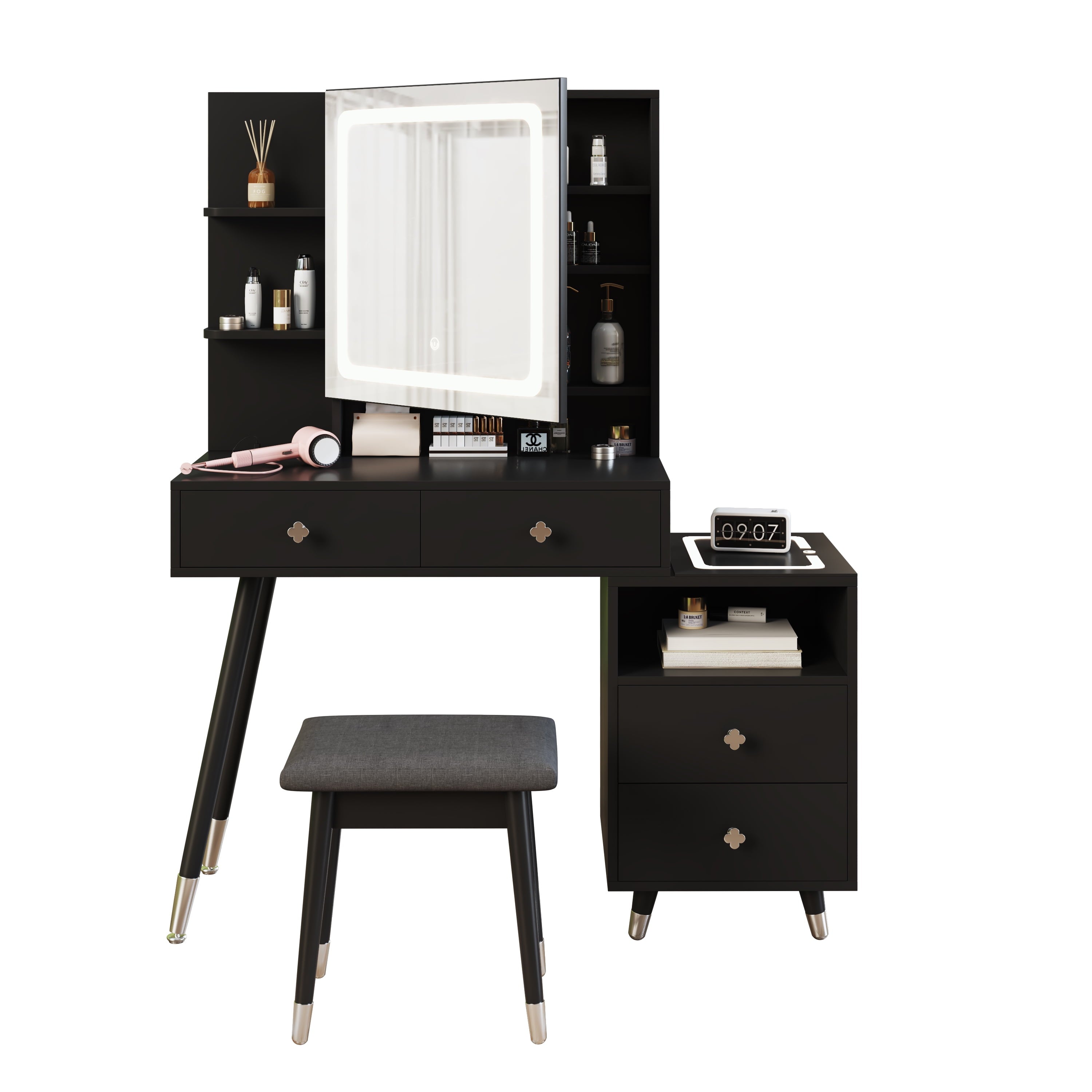COOKCOK Vanity Desk, Vanity Mirror with Lights and Table Set with 4 Drawers, Vanity Set with Stool and Power Outlet, 3 Lighting Modes Brightness Adjustable for Bedroom Studio