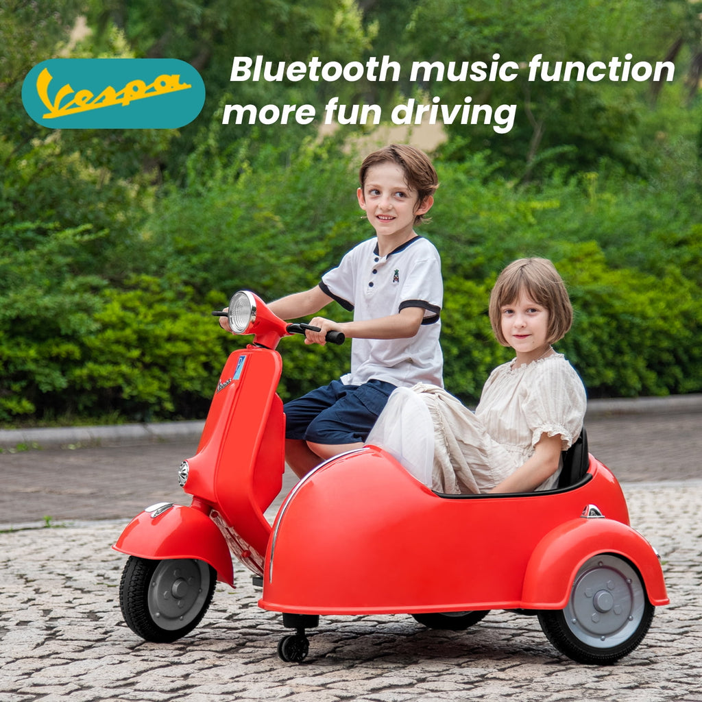 Track Seven 2-Seater Ride on Motorcycle, 12V Licensed Vespa Ride on Motorcycle wth Side Car, 2-Seater Ride on Car, Music, Max Speed 4.8mph, Red
