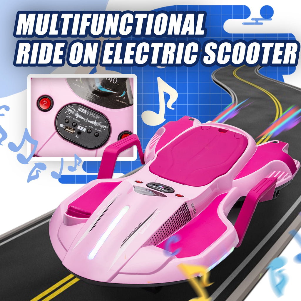 Track 7 24V Ride on Car with Helmet, Knee Pads, Gloves, Devilfish Pattern Ride on Electric Scooter with Spray Function, Gravity Steering, Music, Handrails, Max Speed 6.84 mph, Pink