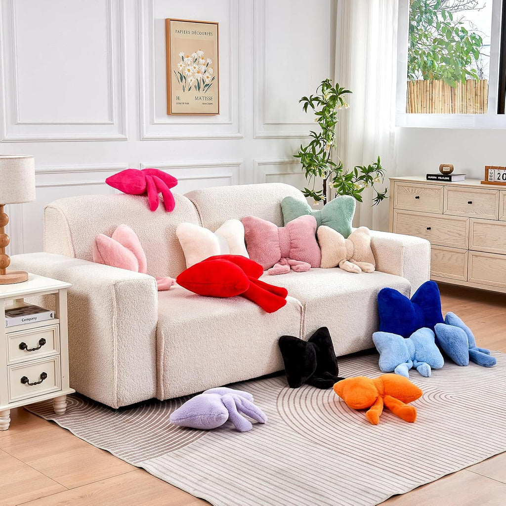 COOKCOK Bow Pillow, Soft Bow Decorative Throw Pillows with Faux Rabbit Fur, Cute 16" Bow Throw Pillows for Home Decor, Plush Pillow for Bedroom Sofa Couch, Pink