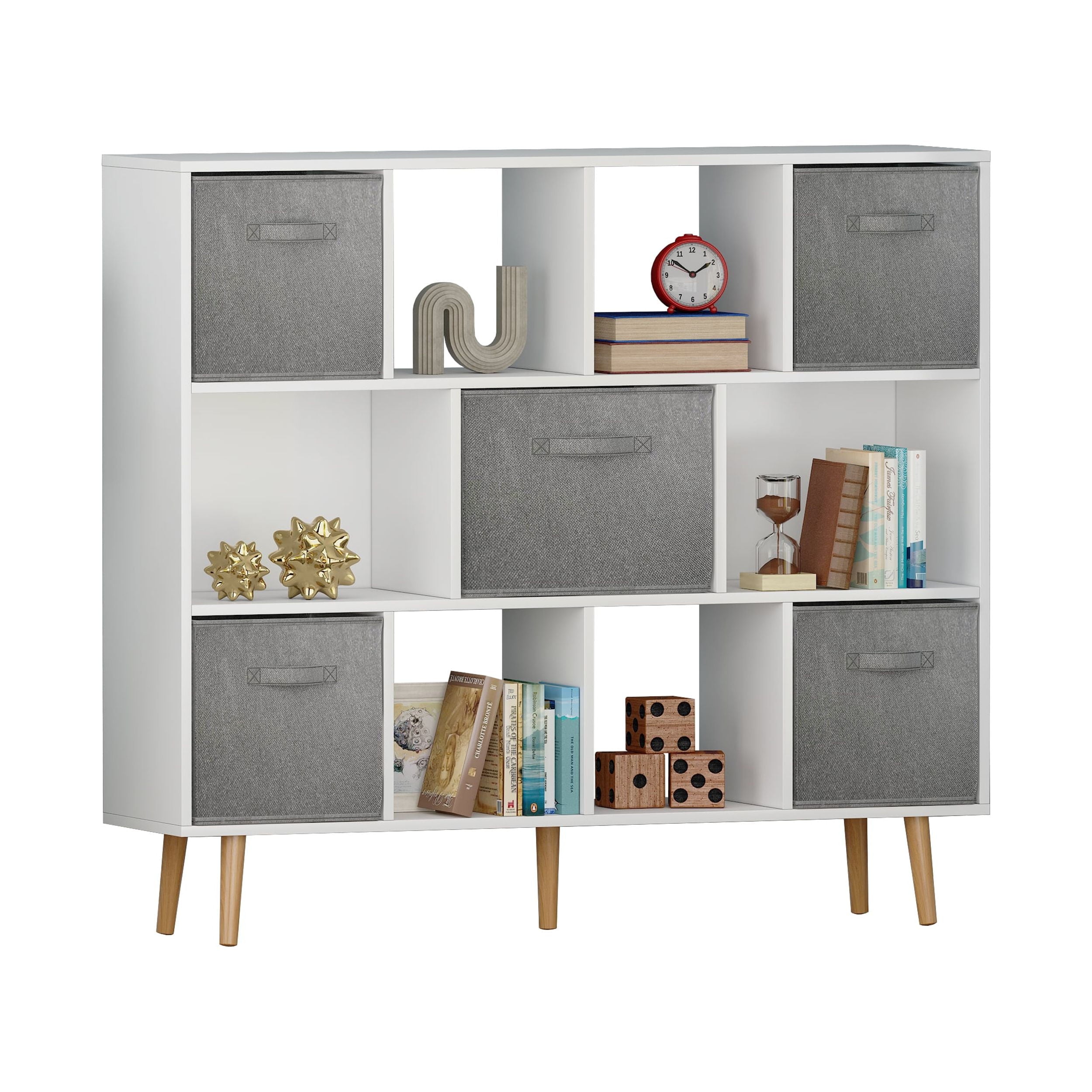 COOKCOK 11-Cube Storage Organizer, Bookshelf with Storage Bins, 4 Tier Freestanding Open Bookshelf with 5 Nonwoven Fabric Drawers,White