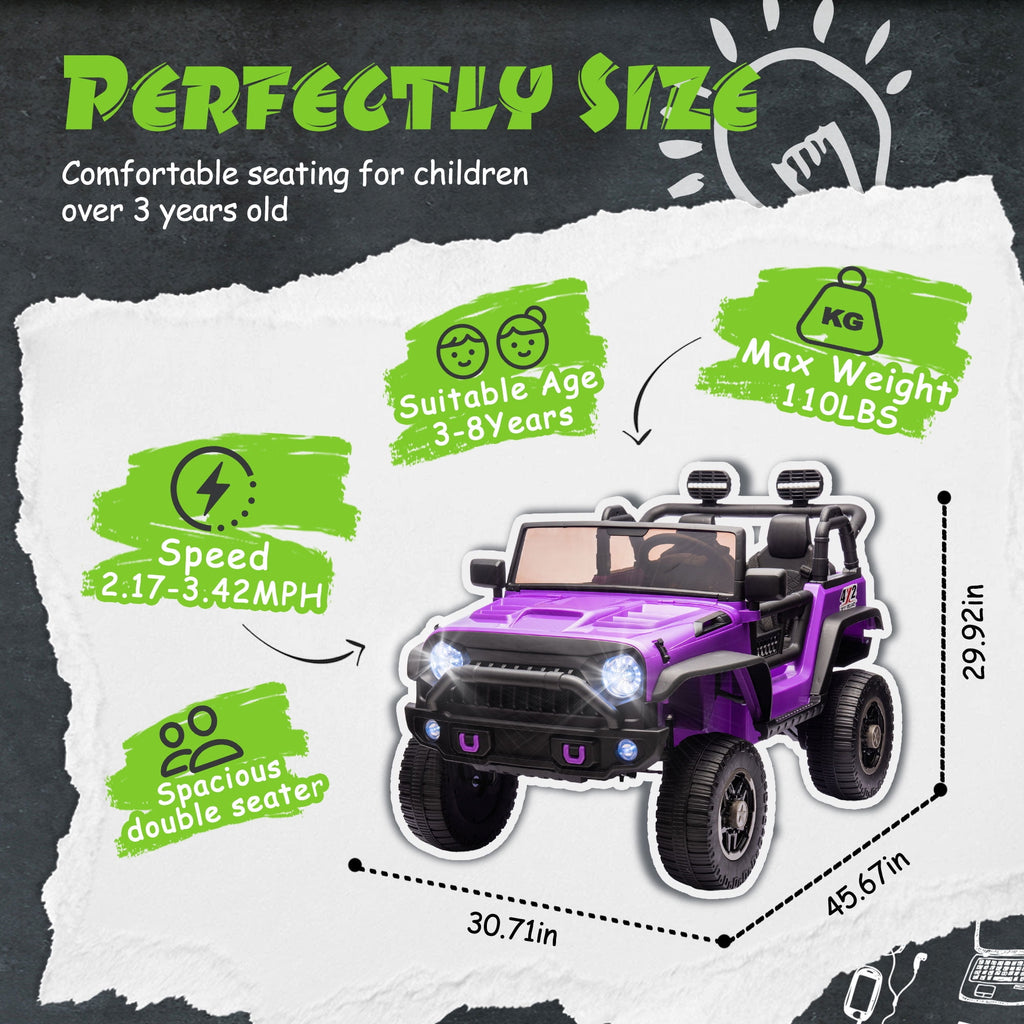 Track 7 24V Ride on Car, 2-Seater Ride on Truck, 400W Motors, 20" Width Seat, LED Lights, Music, Bluetooth, Remote Control, Electric Off-Road Truck Car for Boys Girls Age 3+, Purple