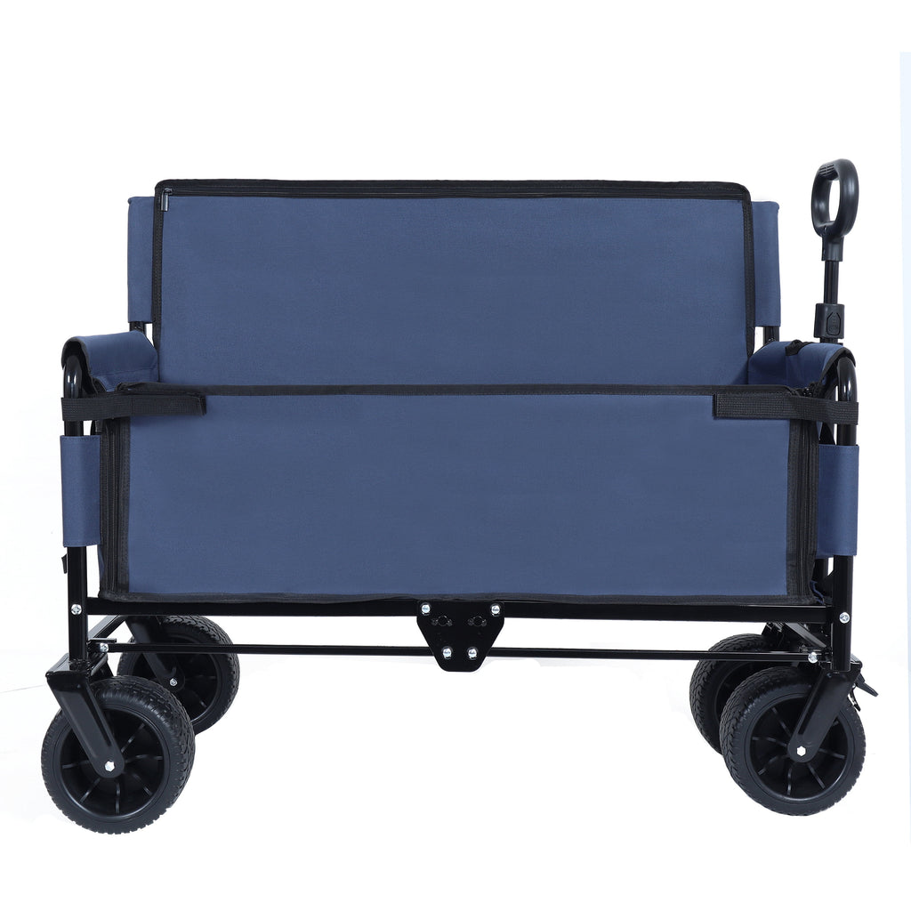 COOKCOK 3-in-1 Convertible Folding Wagon Cart with Bench Seat, 500lbs Heavy Duty Utility Wagon with Adjustable Handle, 180L Capacity All-Terrain Wheels for Camping, Beach, Garden, Dark Blue