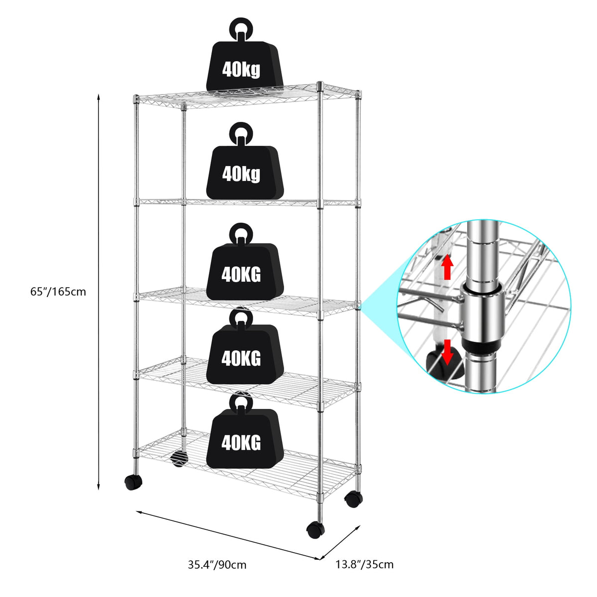 COOKCOK 5-Tier Rolling Wire Shelving with Wheels, 35" x 13.8" x 65" Heavy Duty Adjustable Metal Storage Shelf, 330 lbs Capacity, Silver