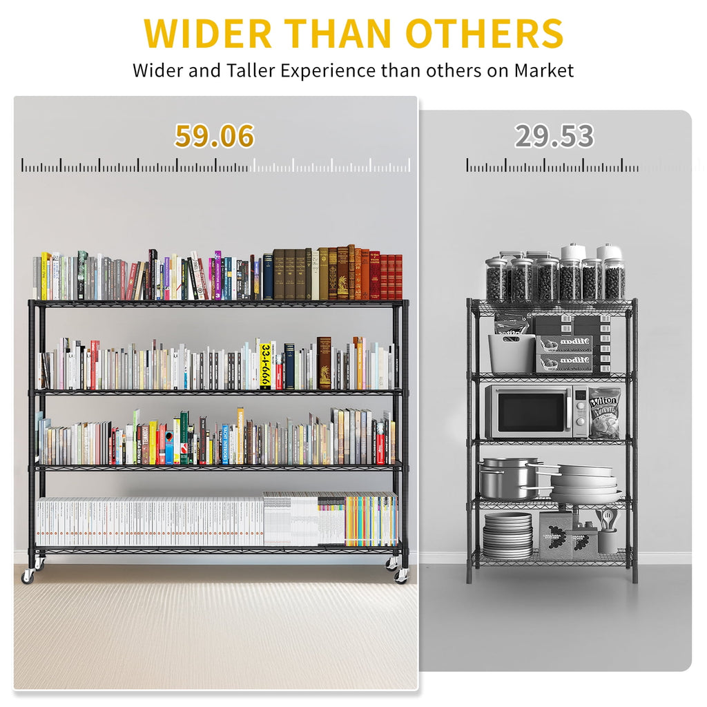 COOKCOK Extra-Wide 4-Tier Wire Shelving with Wheels 59"W x 24"D x 76"H, Adjustable Heavy Duty Metal Shelving 800 LBS, Black