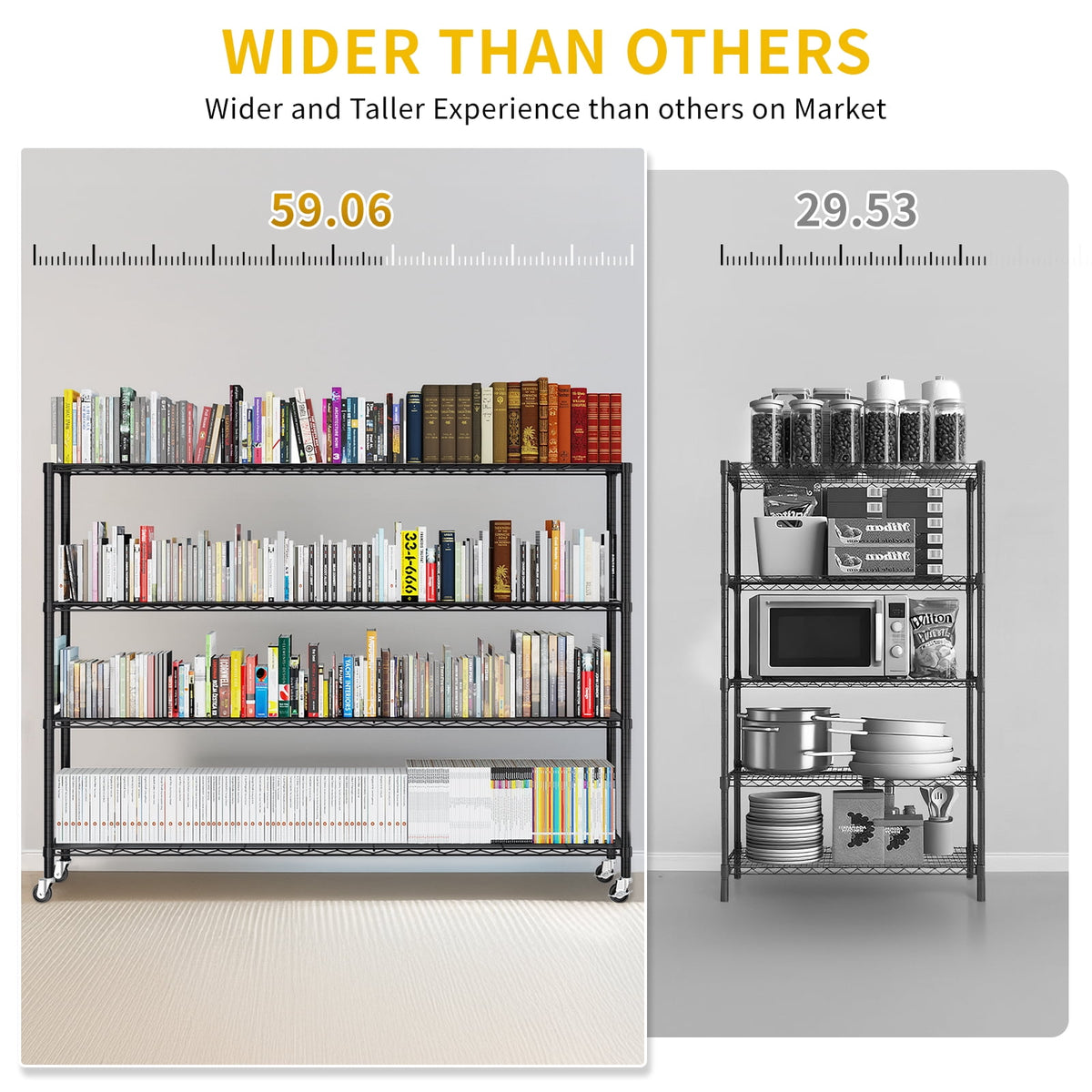 COOKCOK Extra-Wide 4-Tier Wire Shelving with Wheels 59"W x 24"D x 76"H, Adjustable Heavy Duty Metal Shelving 800 LBS, Black