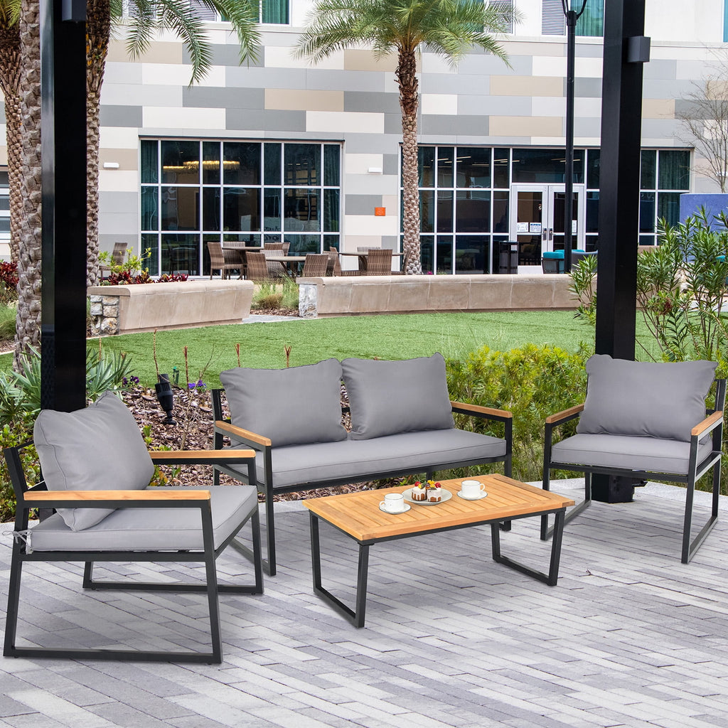 COOKCOK Patio Furniture Set, 4 Pieces with Table Set, High-Resiliency Sponge Cushions, Sets with Washable, Gray