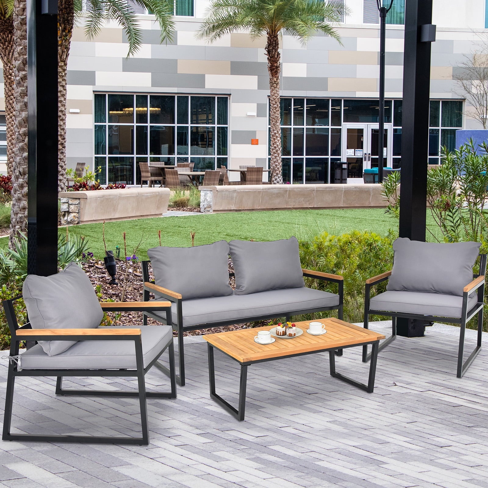 COOKCOK Patio Furniture Set, 4 Pieces with Table Set, High-Resiliency Sponge Cushions, Sets with Washable, Gray