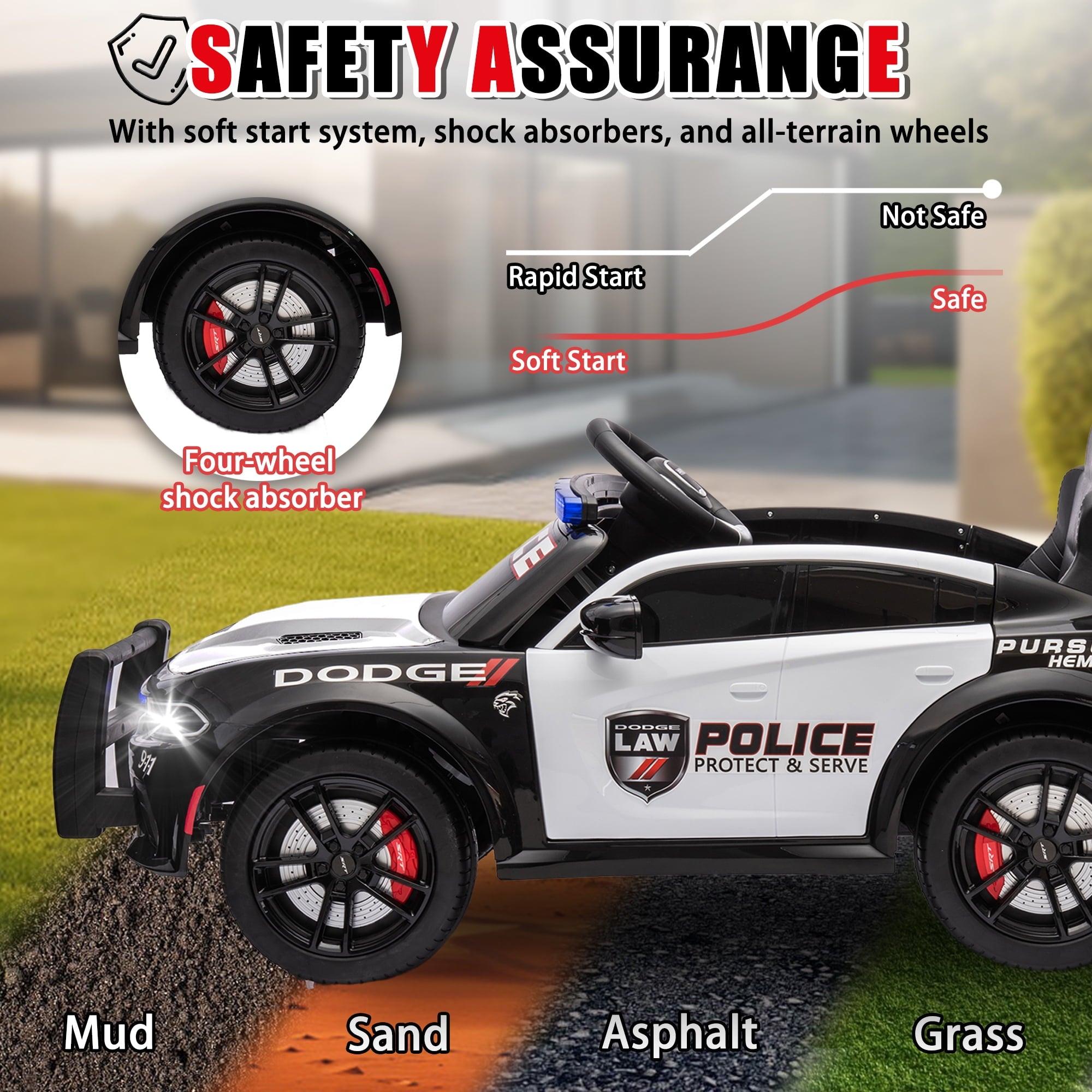 Track 7 Licensed Dodge Charger SRT Ride on Car, 12V Kids Ride on Police Car with Remote Control, Music, Alarm Lights, Megaphone, Electric Car for Kids Age 3+, White