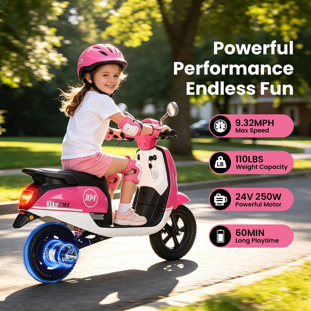 Track Seven 24V Ride on Motorcycle, 250W Ride-on Scooter Moped with Twist Throttle, LED Light, 12" Pneumatic Tires, Bluetooth, Max 10Mph, 24V Electric Motorcycle for Kids Girls Boys Aged 8-12, Rose