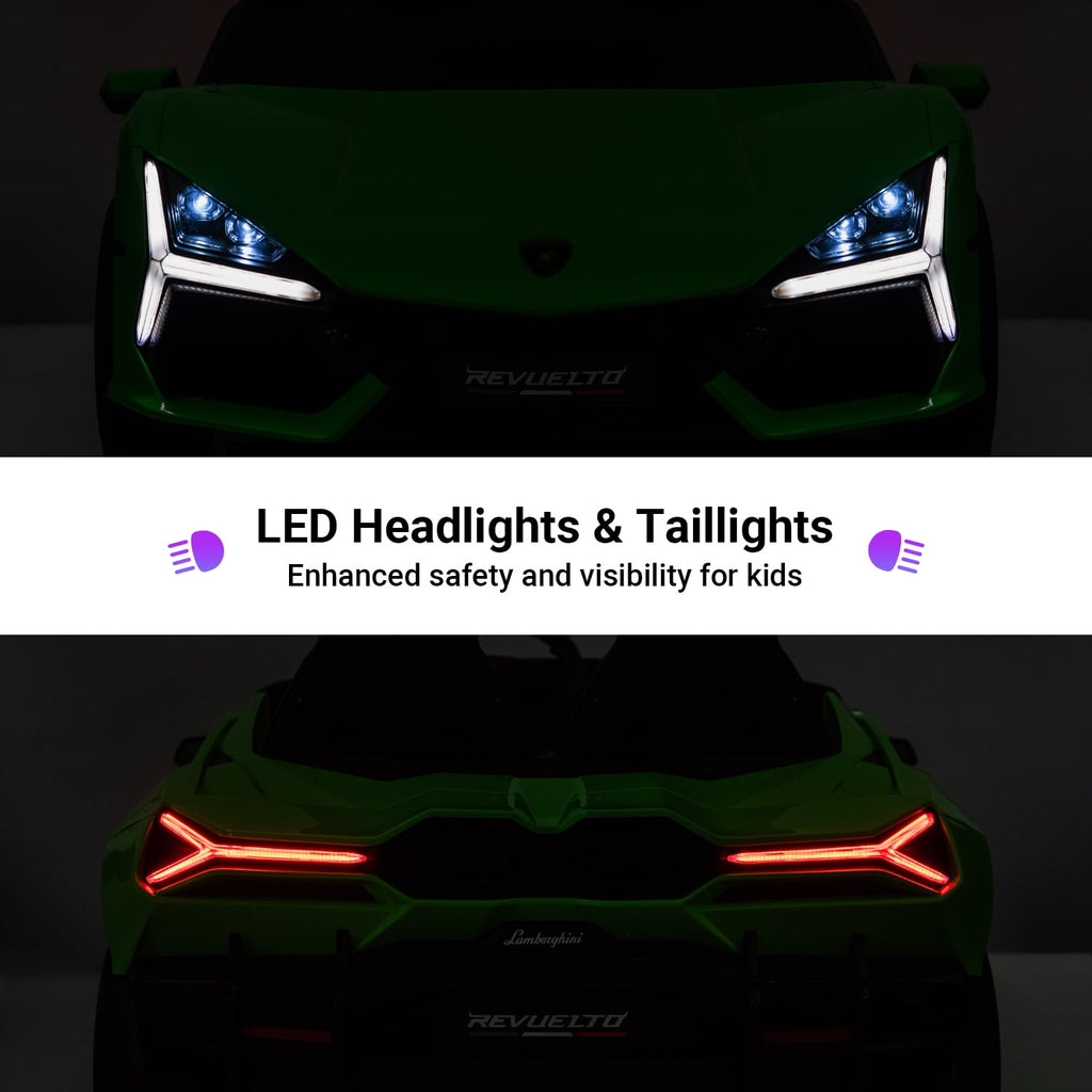 Track Seven 24V 2-Seater Ride on Car, Licensed Lamborghini Revuelto Electric Car with Remote Control, Music, LED Lights, Key Start, Spring Suspension, Max Speed 4.3mph, 24V Ride on Toy Car, Green