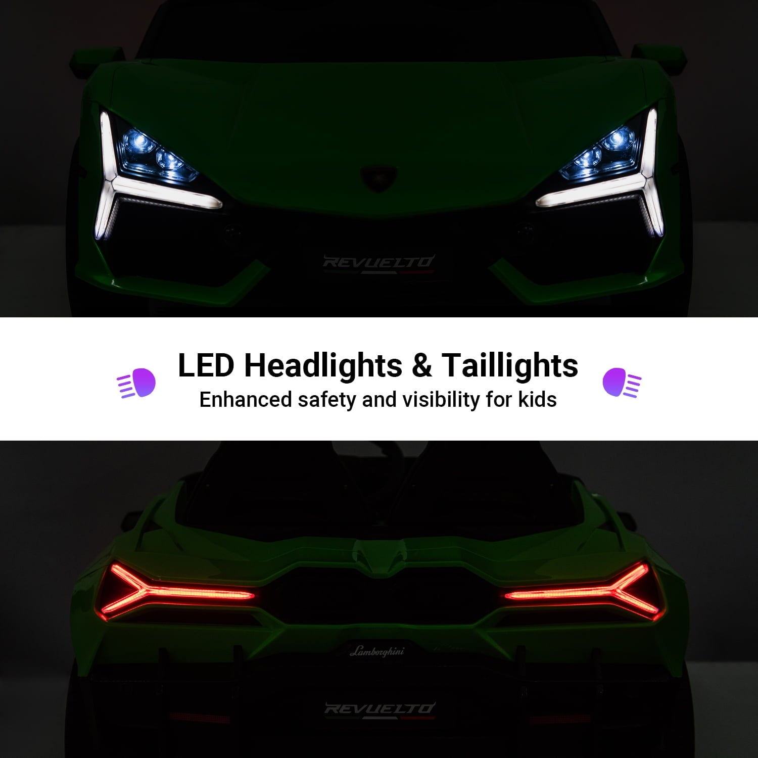 Track Seven 24V 2-Seater Ride on Car, Licensed Lamborghini Revuelto Electric Car with Remote Control, Music, LED Lights, Key Start, Spring Suspension, Max Speed 4.3mph, 24V Ride on Toy Car, Green