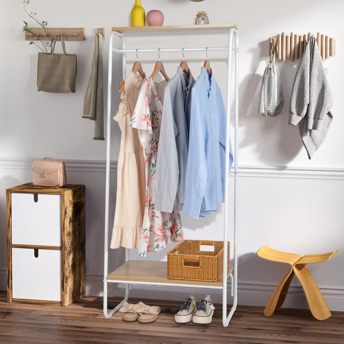 COOKCOK Clothes Rack for Hanging Clothes with 2 Wood Shelves, Freestanding Clothing Rack, Easy to Assemble Garment Rack, Metal, Sturdy Design, Small Space Storage Rack, White