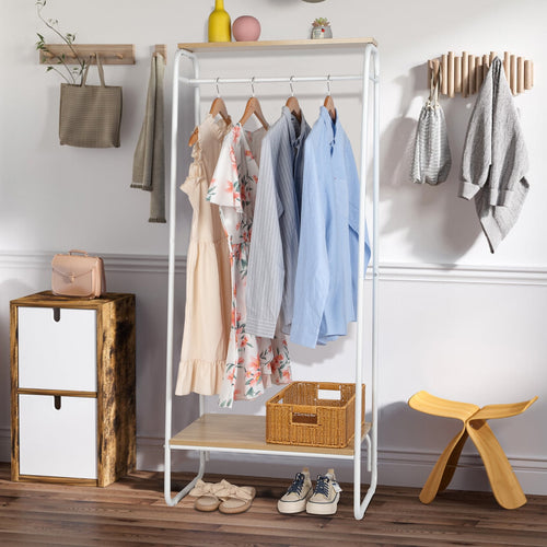 COOKCOK Clothes Rack for Hanging Clothes with 2 Wood Shelves, Freestanding Clothing Rack, Easy to Assemble Garment Rack, Metal, Sturdy Design, Small Space Storage Rack, White