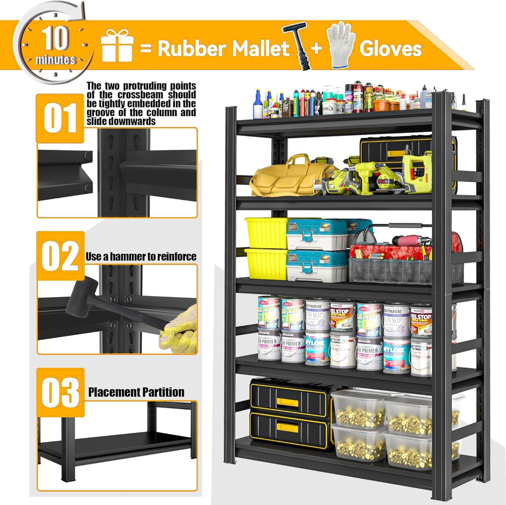 COOKCOK 5-Tier Garage Shelving, Adjustable Metal Storage Shelf, 2200LBS Heavy Duty Storage Shelves, Ideal for Garage, Warehouse, or Home Organization, 39.4" x 19.7" x 63", Black